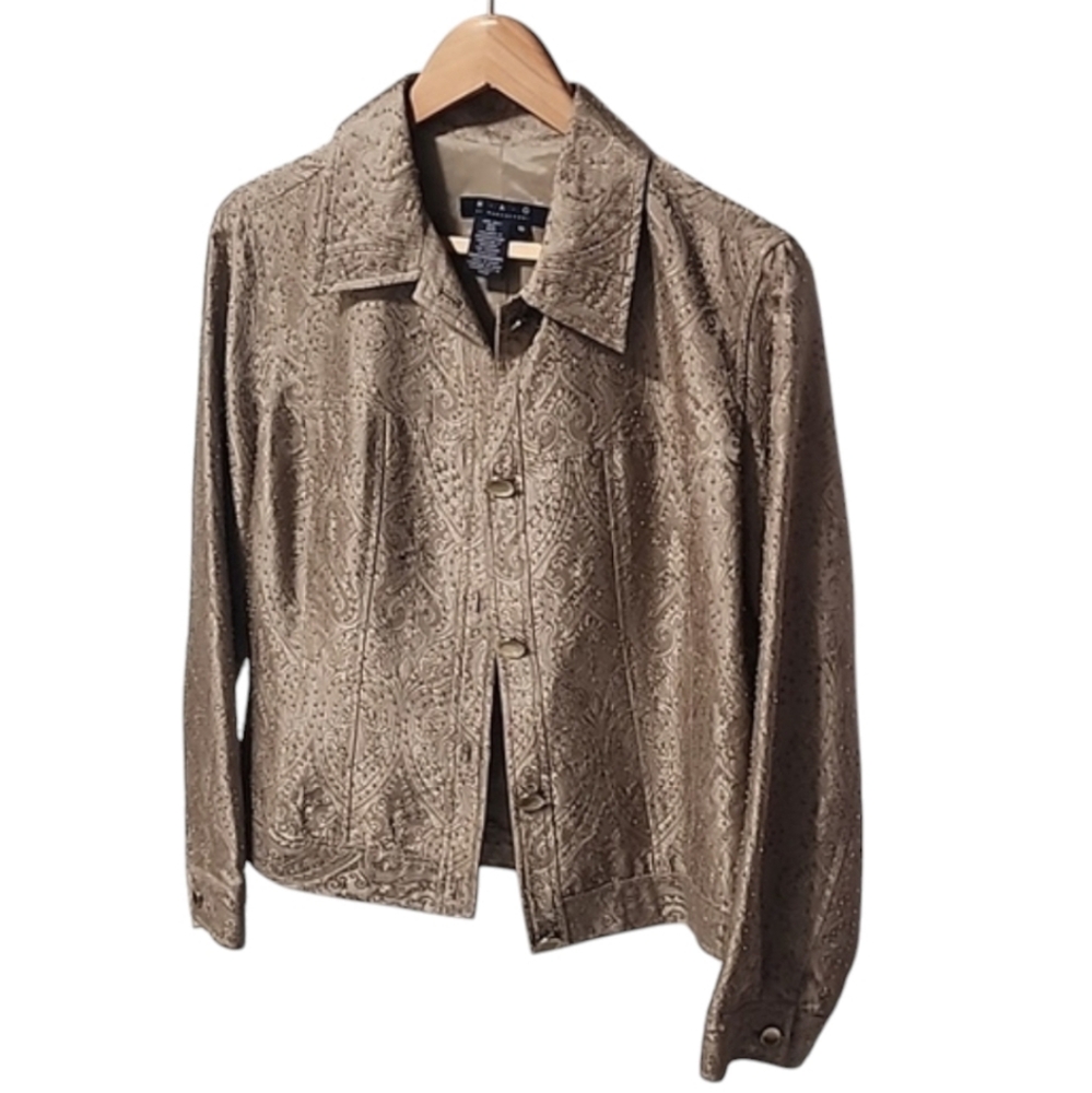 MAGASCHONI Hand Beaded Silk Jacket 10 L Iridescent Floral Gold Wearable Art - Picture 14 of 16